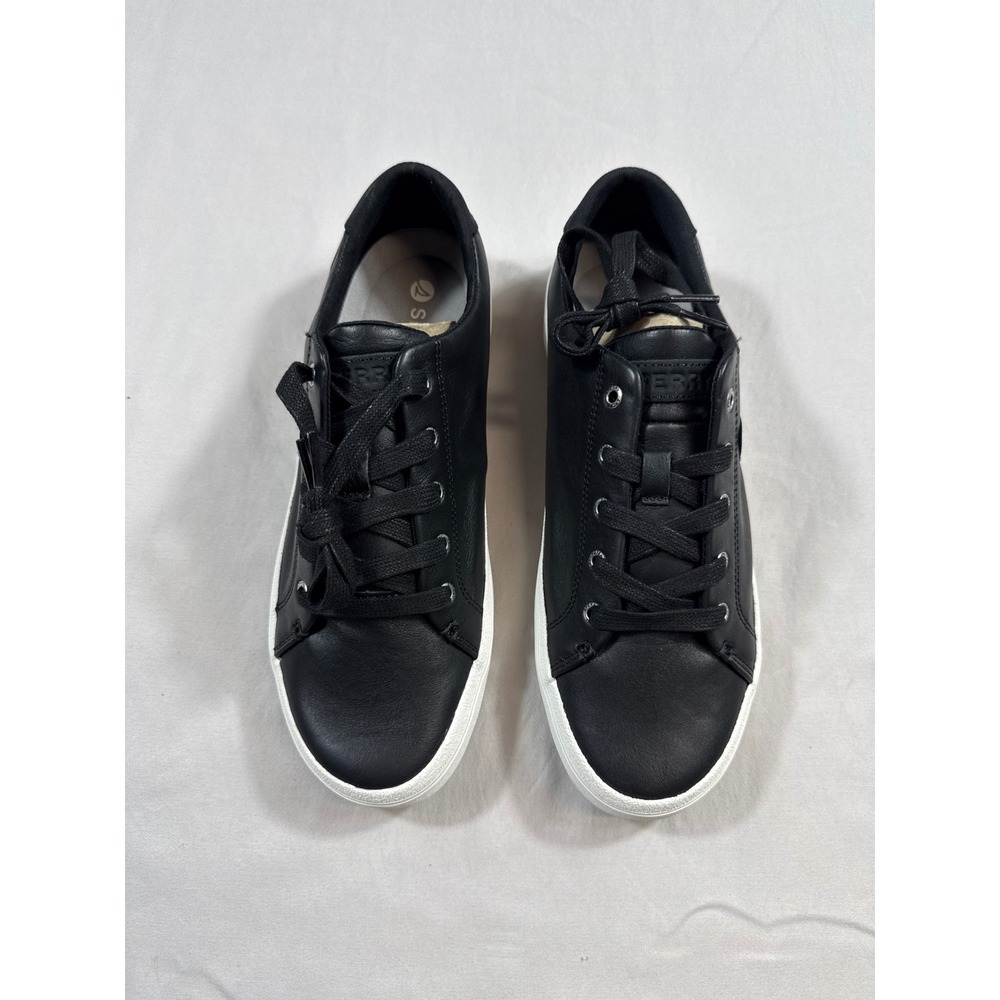 New Sperry Black Leather Sneakers Womens 9.5 Low Top Lace Up STS89204